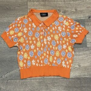 Cider Knit Collared Button Up Flower Print Shirt Medium Retro 70s Style Orange